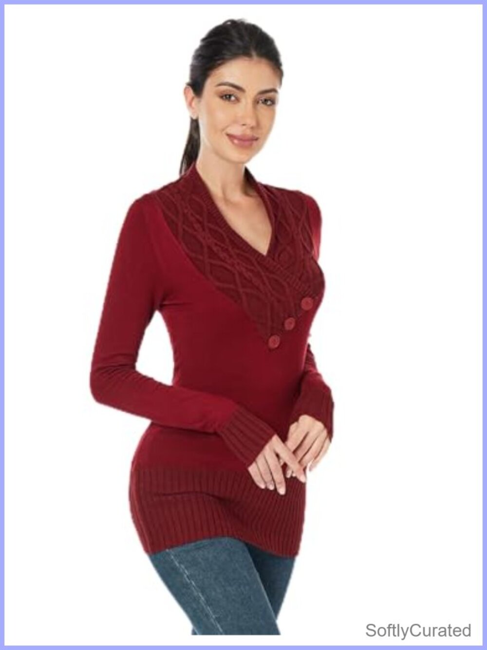 Women Crossover Cable Knit V Neck Long Sleeve Pullover Sweater
